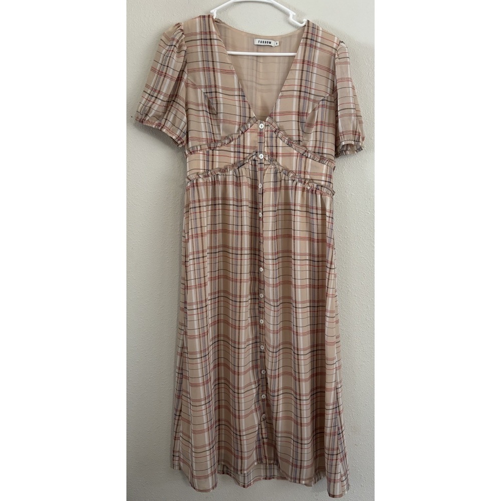 Farrow Plaid Midi Dress Size M Beige Button Front V Neck Puff Sleeve Ruffle